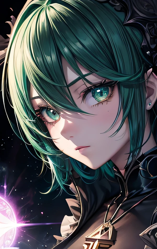 (masterpiece:1.2、highest quality), (Exquisite eyes: 1.2), (Detailed Background、Dark fantasy), (beauty detailed face), High Contrast, (Best lighting、Very delicate and cute), ((Cinema Lighting) )), colorful, Hyper Detail, Dramatic Light, Intricate details, (1 girl, solo, green short hair, green hair, Sharp Face, green eyes, Hair green between the eyes, Dynamic Angle), Black light swirling around the character, Depth of written boundary, black light particles, Nightcore, black magician, Spectacular anime style, zerochan art, Anime Wallpaper, Burning, High quality anime art style, Key Anime Art
