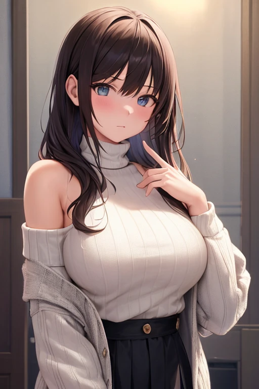 ((Highest quality)), ((masterpiece)), (detailed), One girl, Off-the-shoulder sweater, 