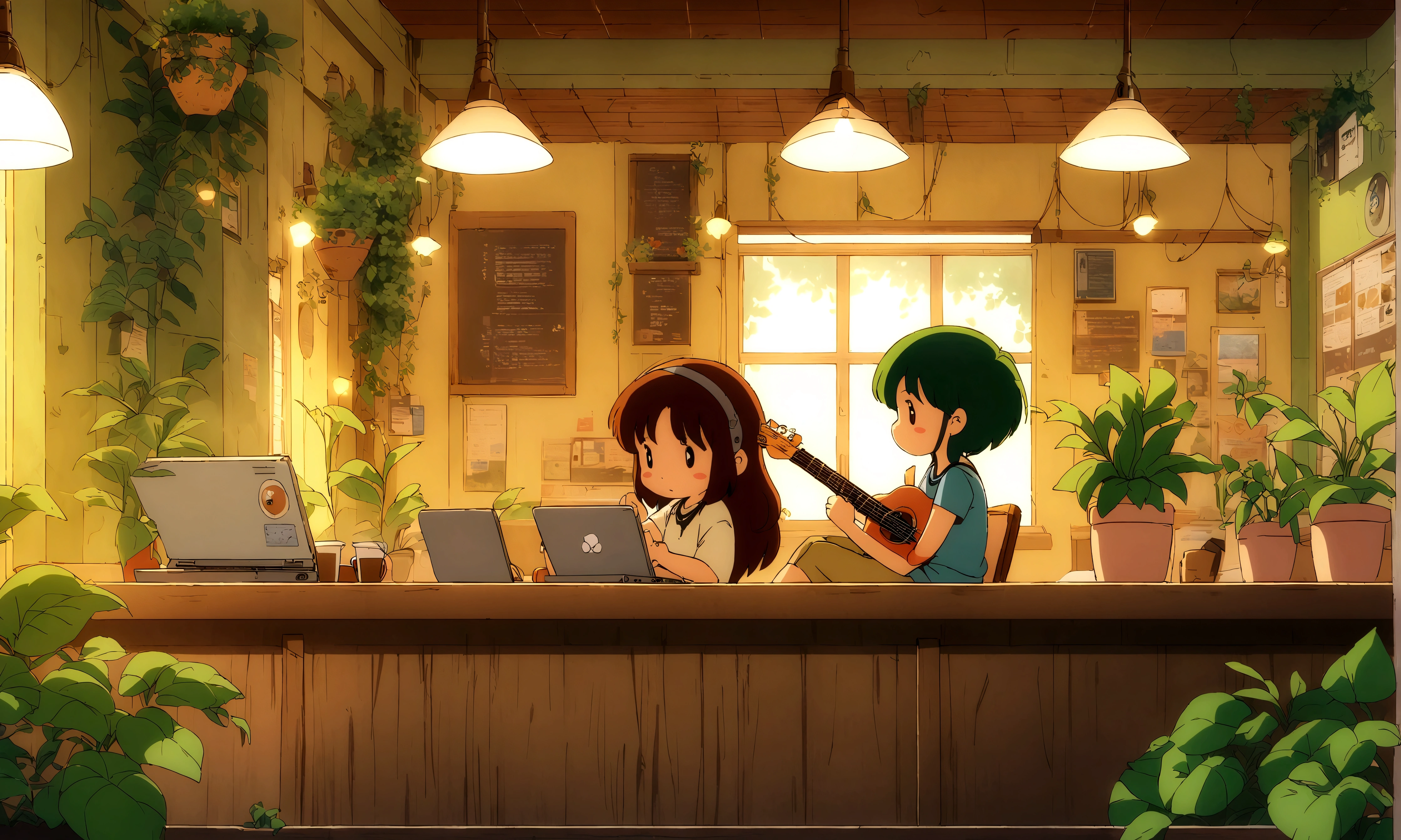 There is a room with many plants and a laptop, cozy Coffee Shop background, cafes, Anime background art, Relaxation concept art, commend artstyle, Lo-Fi illustration style, commend art, Coffee Shop interior, Relaxed atmosphere, Comfortable and pleasant atmosphere, lush foliage cyberpunk, Coffee Shop, commend feel, commend, relaxing environment, The room is full of plants, A  playing guitar