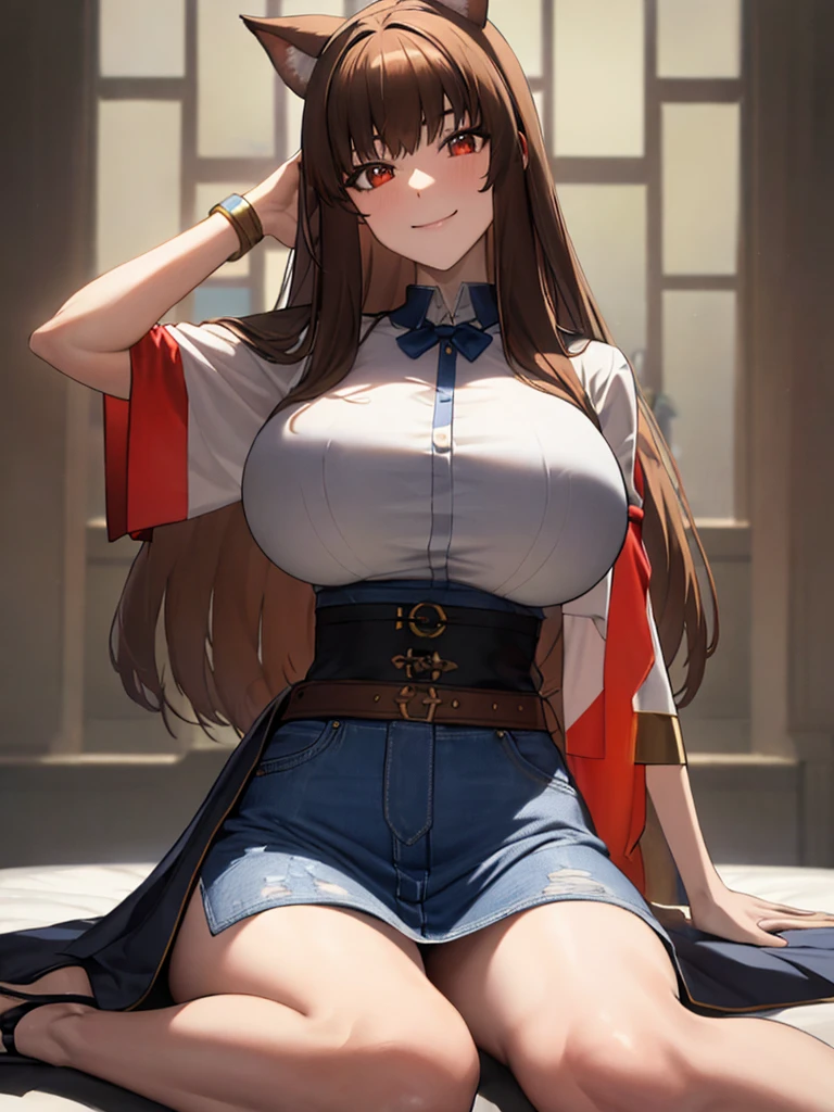 masterpiece, highest quality:1.2), holo, alone,Are standing_Split, (Sitting pose), Long Hair, Brown Hair, Dog ears, smile, (Big huge massive larger Breasts:1.2), White Lingerie，blue denim mini skirt, A bushy tail grows from its waist.,