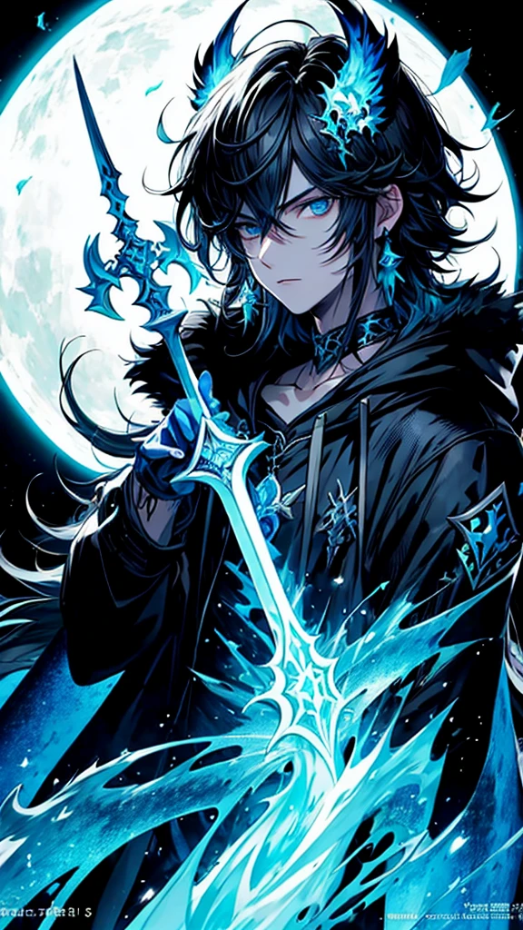 (masterpiece:1.2、highest quality), (Exquisite eyes: 1.2), (Detailed Background、Dark fantasy), (beauty detailed face), High Contrast, (Best lighting、Very delicate and beauty), ((Cinema Lighting) )), colorful, Hyper Detail, Dramatic Light, Intricate details, ( , scruffy black hair, bangs, Blue eyes, moon, dark night, long earrings, black hoodie, blue demon horns, sky blue great sword at the back, looking at viewer, upper body), Black light swirling around the character, Depth of written boundary, black light particles, Nightcore, Spectacular anime style, zerochan art, Anime Wallpaper, Burning, High quality anime art style, Key Anime Art