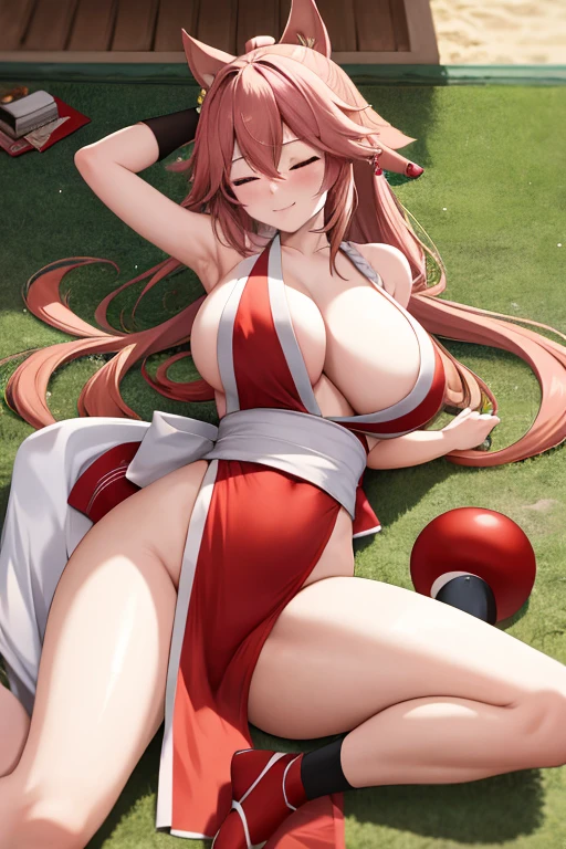 masterpiece, best quality, beautiful art, high resolution, well formed hands, body and fingers, 1 woman, solo, Yae Miko, grown up, cosplaying as Mai Shiranui , mai_shiranui_cosplay, adult, large and round breasted, cleavage full body picture , hair ribbon, gorgeous legs and, thighs, sexy Japanese clothes, hair ornament , sexy legs , hips and thighs ryona,in peril, she is defeated, knocked out, passed out, closed eyes, exhausted, unconscious, laying down on the sand, extended exposed body, full body on the sand, breathing heavily, sexy smirk on her face, bouncing breasts, sexy defeated pose, defeat and KO scene, fallen beauty, martial arts tournament with beach environment