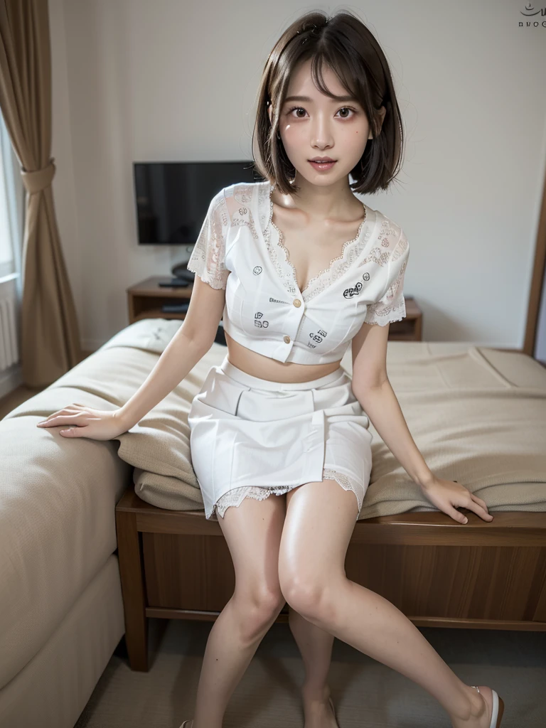 (Highest quality:1.9)、(High resolution)、Live-action image quality、((19 year old female university student、1 person))、Soft lighting by a professional photographer、Natural light、((Very spacious white luxurious room:1.6))、((Bright white room:1.6))、(Standing in front of a very luxurious white bed:1.2)、(White bookshelf background:1.1)、Natural soft light、((Black Hair Color:1.1))、Fair skin、Detailed Eyes、double eyelid、Slightly puffy cheeks、((Small Face:1.0))、((White lace short sleeve shirt、Please wear it with the chest open.:1.7))、((White checked skirt:1.2))、(Cute Smile)、((Girly pose 1.8))、((Straight medium-long hair:1.1))、((Full Body Shot:1.2))、((Height: 145cm))、Hands in front、Hold hands between legs、bangs、