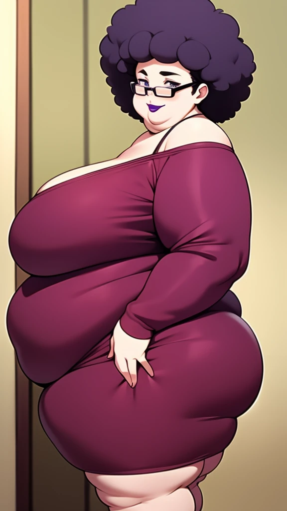 Anime Women, Adult female、Detailed face、amount、amount、Forehead、Afro、Short Hair、Curly hair、Glasses、Sharp eyes、Thick lips、Purple Lipstick、Painted lips、Very fat、Chubby、obesity、obesity体、Double chin、Cheek、Thick neck、Big Breasts、Saggy breasts、Thick upper arms、Thick arms、thick fingers、Fat belly、Flabby belly、Flabby bellyの脂肪、Thick legs、Big Ass、Brown clothes、Brown jumpsuit、Off the shoulder、Side view