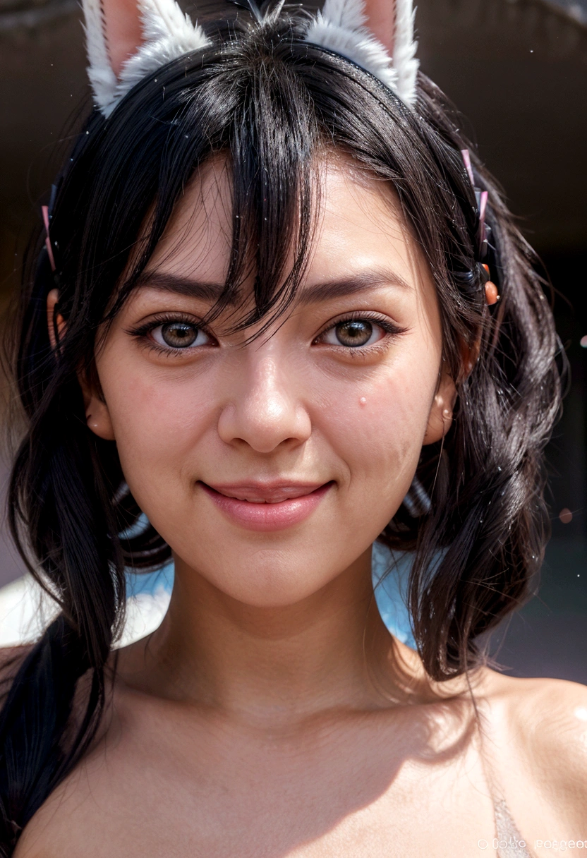 black hair, hair bobbles, wince, longeyelashes, solid circle eyes, fake animal ears, light smile, ear blush, ccurate, Surrealism, drop shadow, anaglyph, stereogram, tachi-e, pov, atmospheric perspective, 8k, super detail, best quality