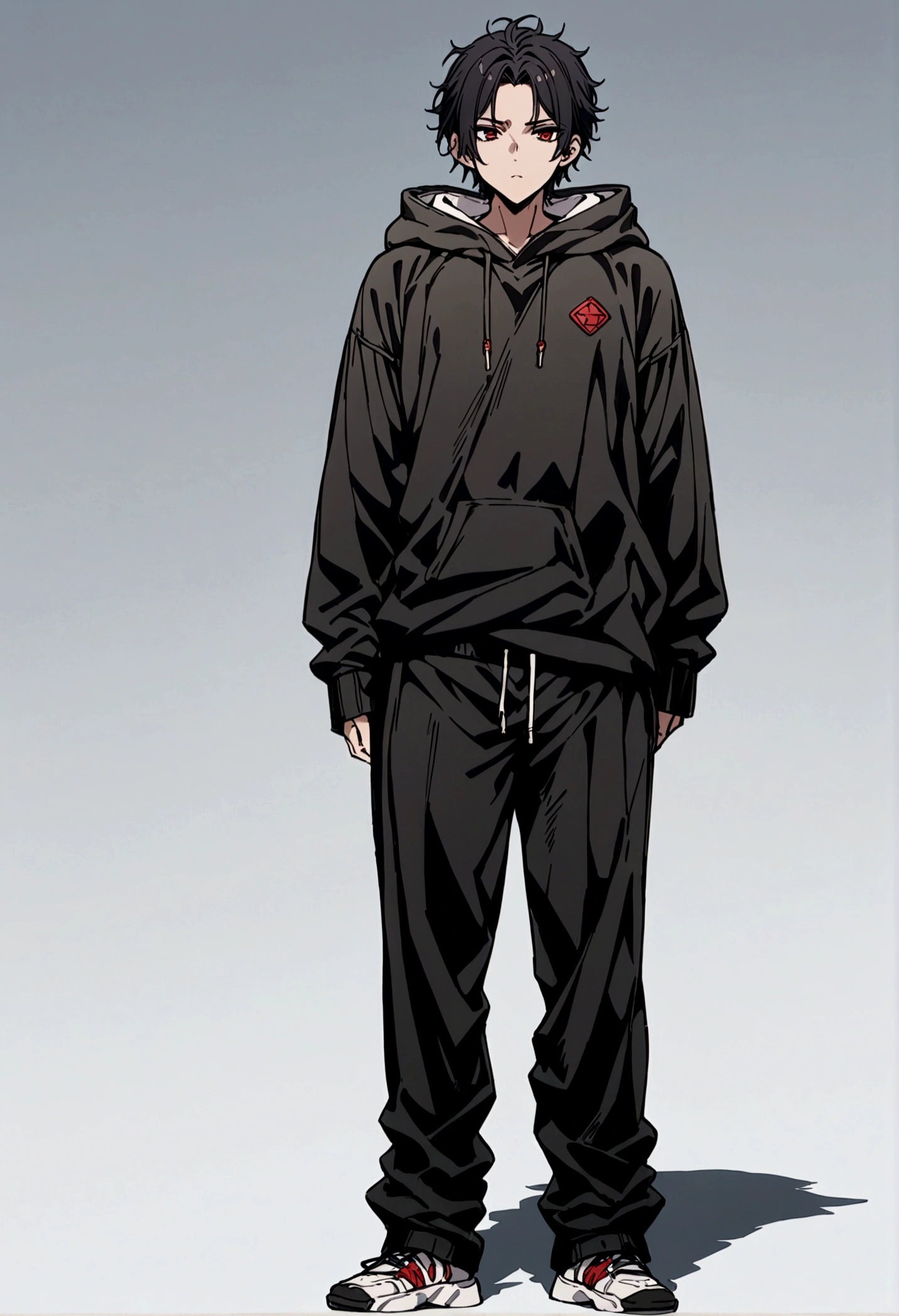 fullbody,masterpiece,standing,black hoodie,black black short hair,red eyes,adult,1boy,solo,white background,standing straight,fullbody,parted bangs