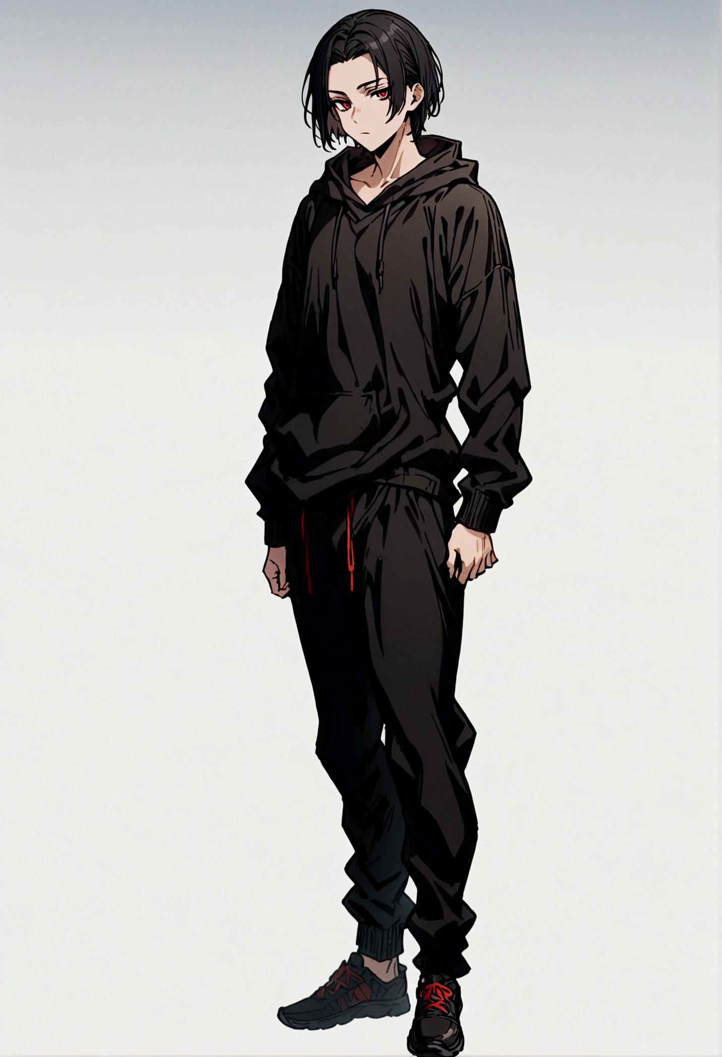 fullbody,masterpiece,standing,black hoodie,black black short hair,red eyes,adult,1boy,solo,white background,standing straight,fullbody,parted bangs