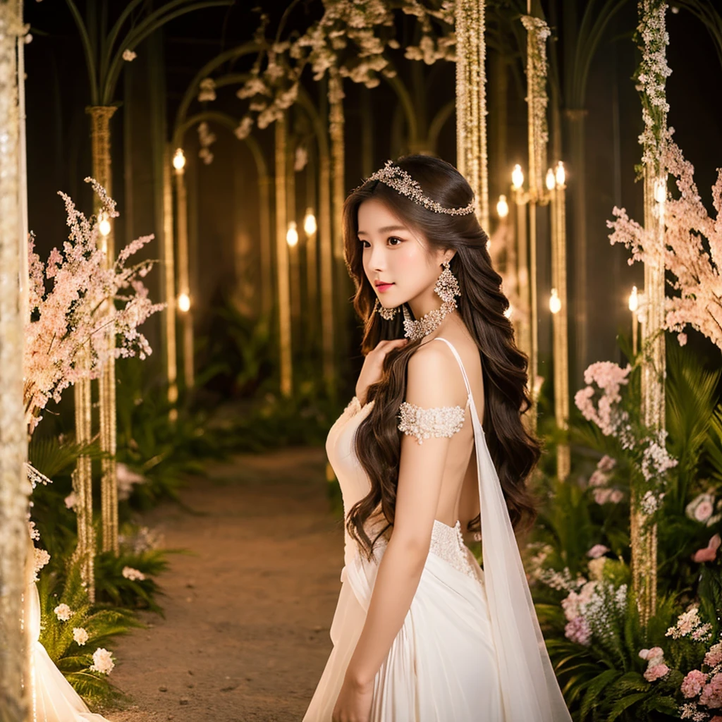 Generate an image of an extraordinarily beautiful 20-year-old Asian woman standing alone, whose beauty rivals that of a goddess of the fire element. She has large brown eyes, dark brown hair, glowing skin, and a captivating appearance. She is wearing a stunning white wedding dress that accentuates her elegance. The woman stands charmingly alone, her beauty appearing as if blessed by nature, in a very romantic and lovely aisle adorned with flowers and soft lighting, exuding a magical and serene atmosphere.