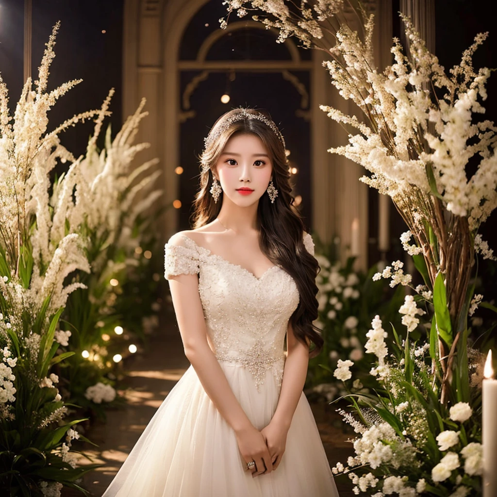 Generate an image of an extraordinarily beautiful 20-year-old Asian woman standing alone, whose beauty rivals that of a goddess of the fire element. She has large brown eyes, dark brown hair, glowing skin, and a captivating appearance. She is wearing a stunning white wedding dress that accentuates her elegance. The woman stands charmingly alone, her beauty appearing as if blessed by nature, in a very romantic and lovely aisle adorned with flowers and soft lighting, exuding a magical and serene atmosphere.