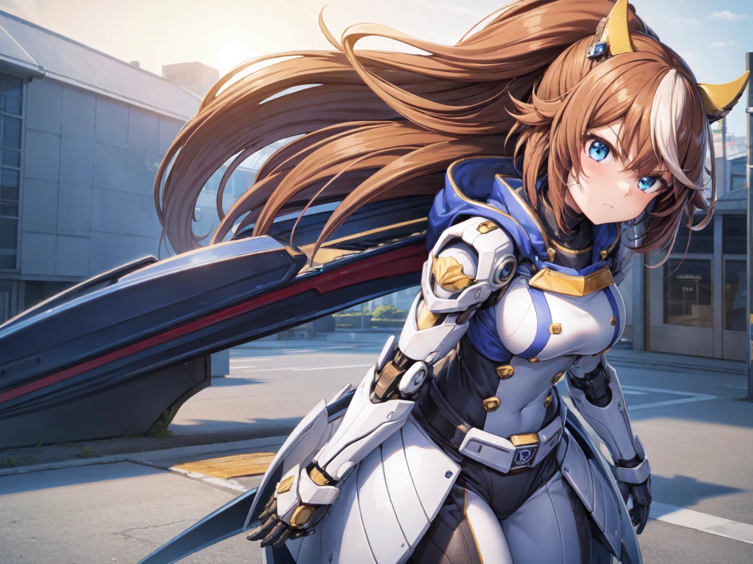 1girl, Tokai Teio, big breast, mecha musume, mechanical wing, serious face,