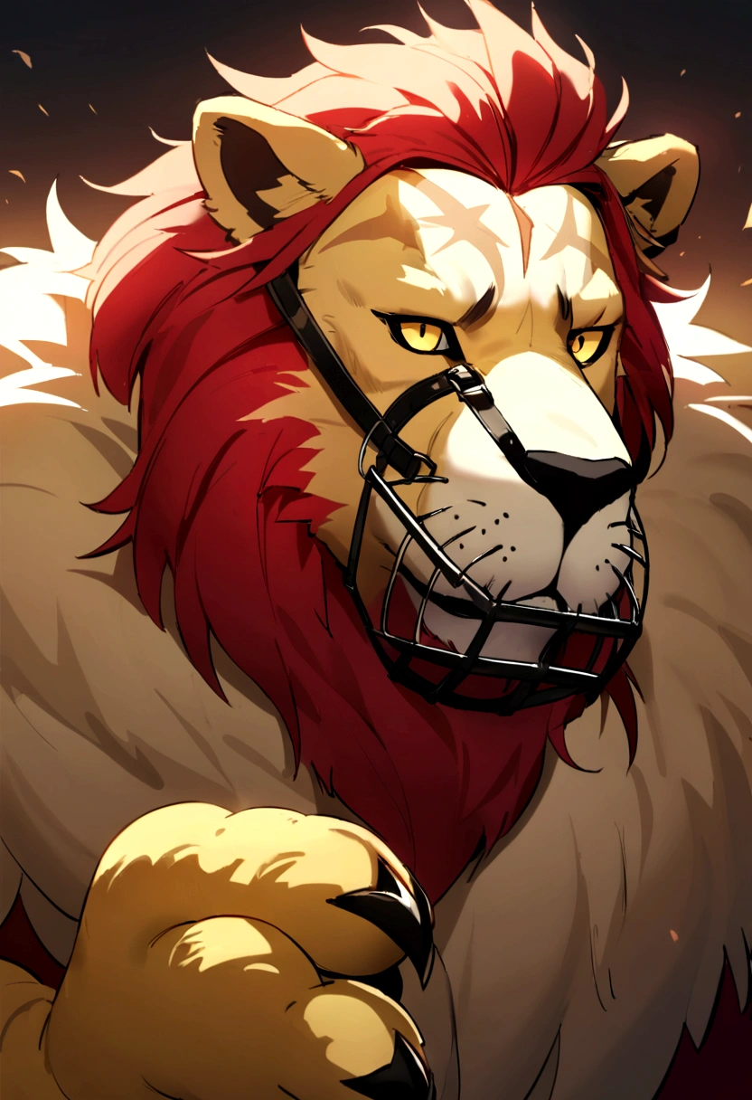 A ger lion with light golden pelt and paler golden paws, underbelly, and muzzle, with scruffier fur on his upper cheeks and the base of his chest. He has a red mane.. He also has a scar on his left... His wer the Mark of the Night Pride