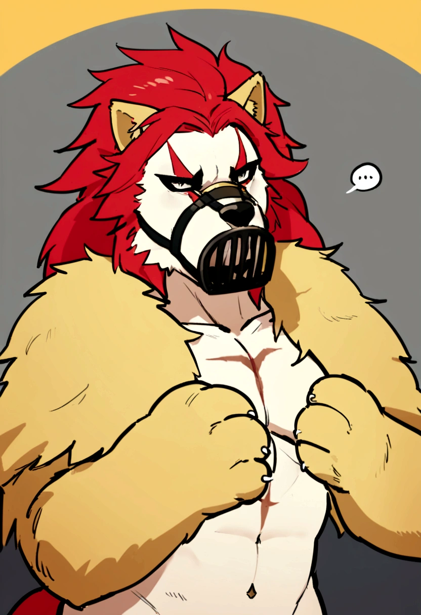 A ger lion with light golden pelt and paler golden paws, underbelly, and muzzle, with scruffier fur on his upper cheeks and the base of his chest. He has a red mane.. He also has a scar on his left... His wer the Mark of the Night Pride