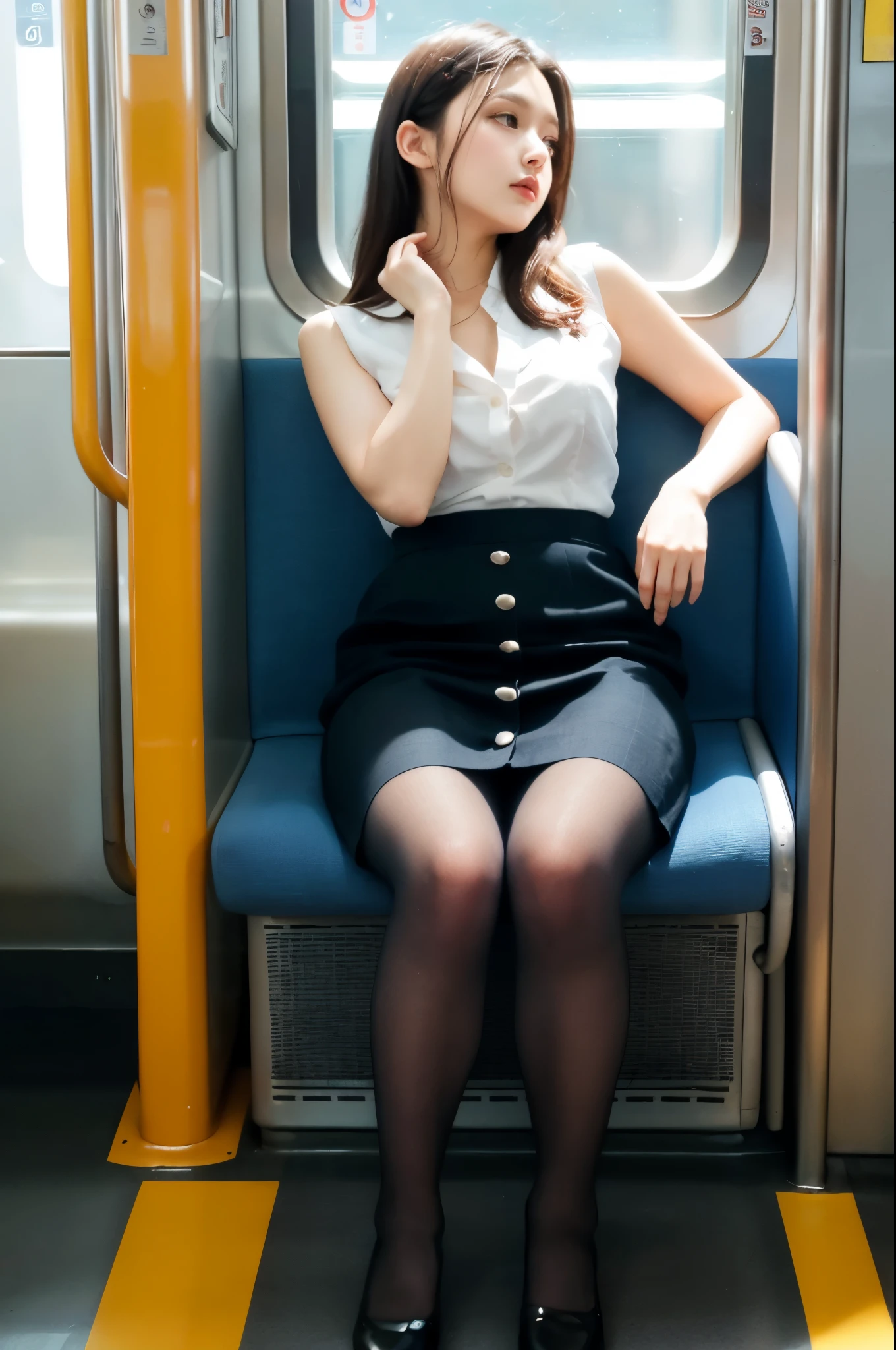 (masterpiece, Highest quality, 8K, RAW Photos, beautifully、aesthetic:1.2),  Intricate details, indirect lighting, Realistic,
whole body, Sitting on a chair on the train、Staring at the viewers、Voyeur、
 Square neck button-down linen sundress, (Ultra-realistic pantyhose)、
 Training women , Chair to sit under skirt,