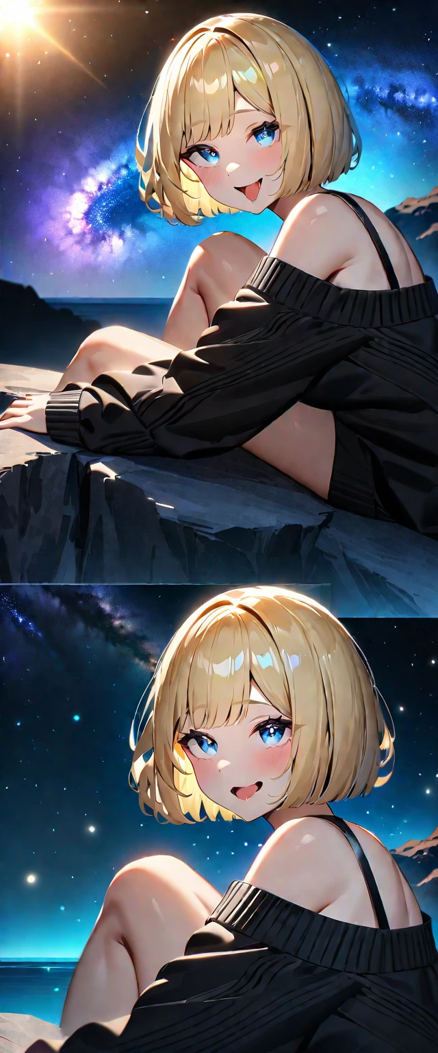 ((ahegao)), (((focus on face))), ((((from side)))), ((Leaning to side)), (((a beautiful starry sky, the Milky Way shining beautifully in the night))), ((off-shoulder sweater:1.3, Quite thick shoulder straps)), ((black sweater)), ((Aran sweater)), ((sitting on the very high cliff)), wavy hair, inward curled hair, sea, ((blond hair, bob cut:1.3)), breasts, teenager, (looking at viewer), oversized clothes, puffy long sleeves, collarbone, head tilt:1.3, (((blue eyes))), happy smile, (((anime style))), (best quality, 4K, 8K, highres, masterpiece:1.2, ultra-detailed, ultra-detailed eyes, HDR, uhd, studio lighting, ultra-fine painting, sharp focus, physically-based rendering, extreme detail description, professional, vivid colors, bokeh)