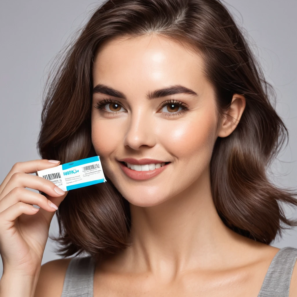 bearded woman, cheek hair, neck hair, shaggy, brown hair, hold a pack of minoxidil beard