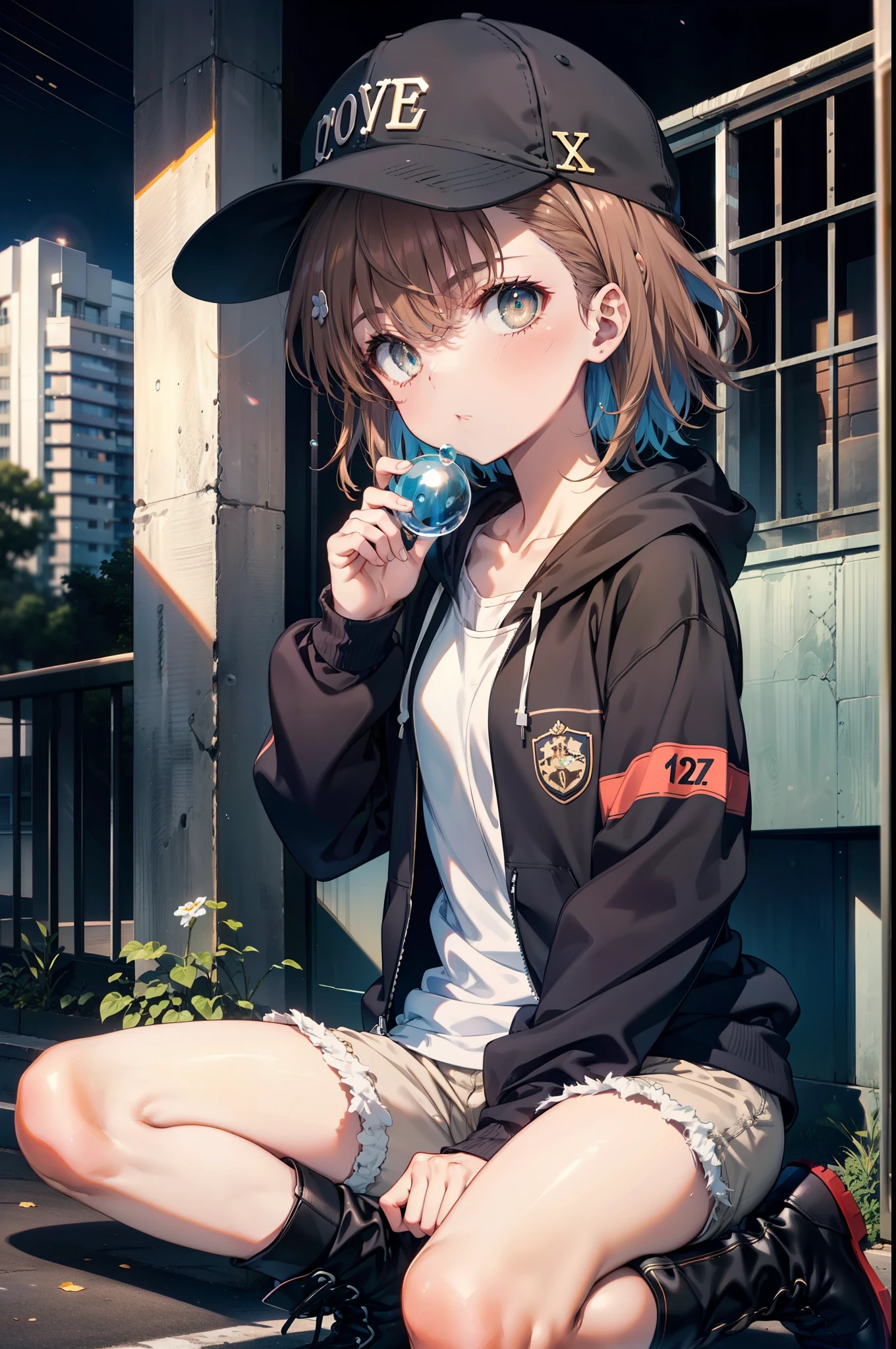 Mycotrose, Brown eyes,Brown Hair,short hair,Small breasts,Oversized black hoodie,Baseball hats,Shorts,boots,Both hands are in the pockets of the hoodie,Blowing bubble gum,Sitting on the stairs,night,moonlight,whole bodyがイラストに入るように,　　　　　　　　　　　　　　　　　 　　　break looking at viewer, whole body,　　　 　　　　　　break outdoors, Building district,　　　　　　　　　　　　　　　　　　break (masterpiece:1.2), Highest quality, High resolution, unity 8k wallpaper, (shape:0.8), (Beautiful and beautiful eyes:1.6), Highly detailed face, Perfect lighting, Highly detailed CG, (Perfect hands, Perfect Anatomy),