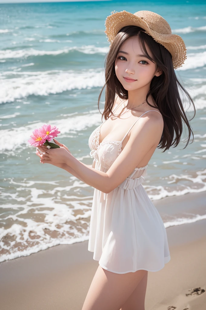 An image of one with a beautiful flower in her hands on a beach