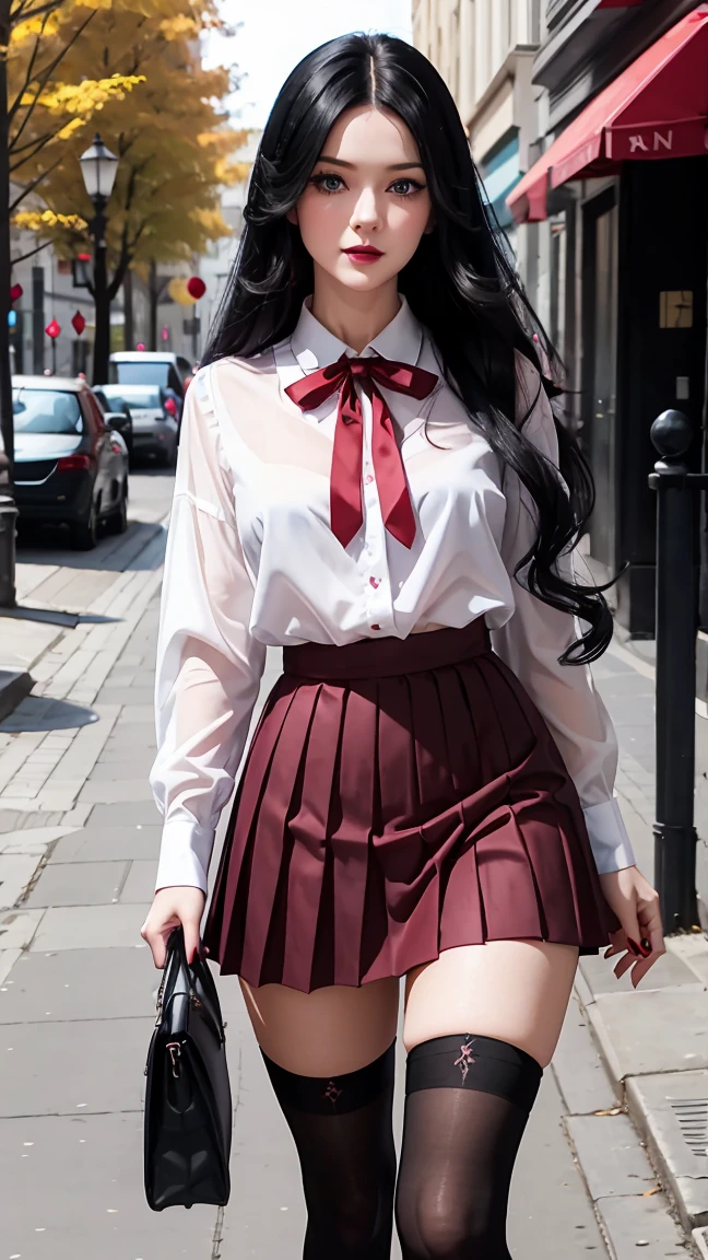 long black hair is pulled up piercing blue eyes  dark pink lipstick she is wearing a red black and white paid pleated mini skirt and a white down blouse style shirt with thigh high white stockings as she walks from the university talking on her cell phone on a sunny day