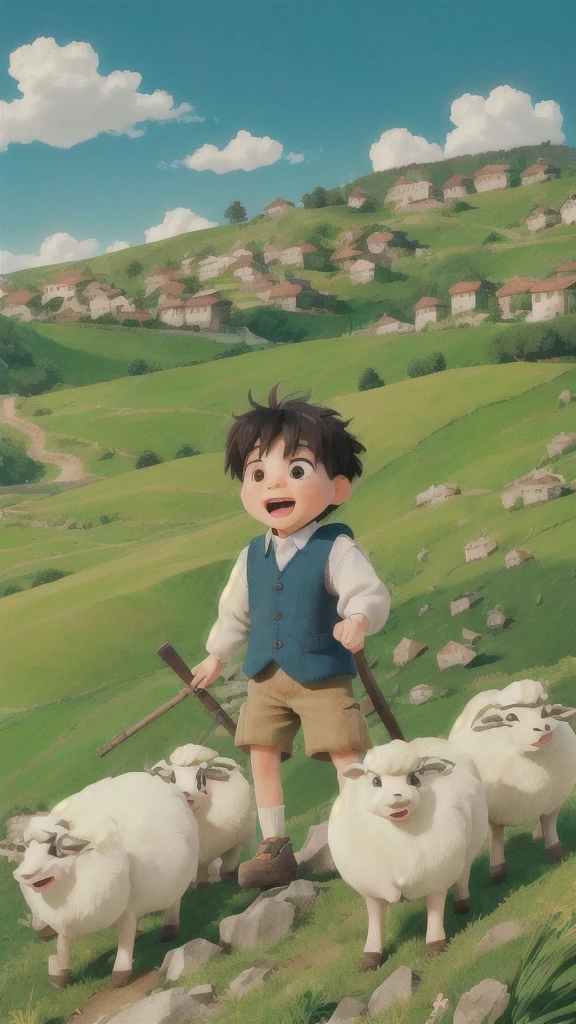 Little boy with open mouth,Pretend to be scared,Pointing down the mountain,shout loudly。The villagers at the foot of the mountain stopped their work.,Show a surprised expression。