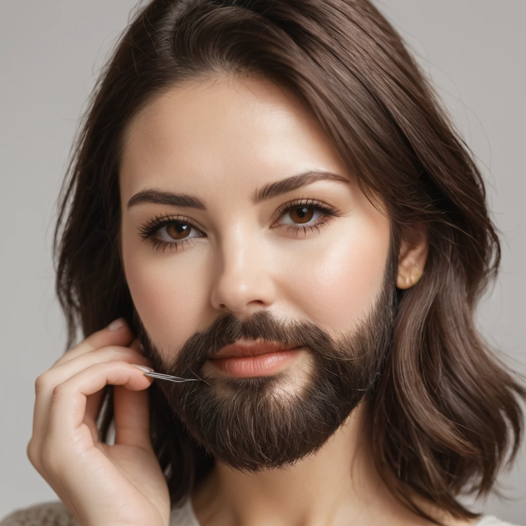 
bearded woman, cheek hair, neck hair, shaggy, brown hair, hold a pack of minoxidil beard