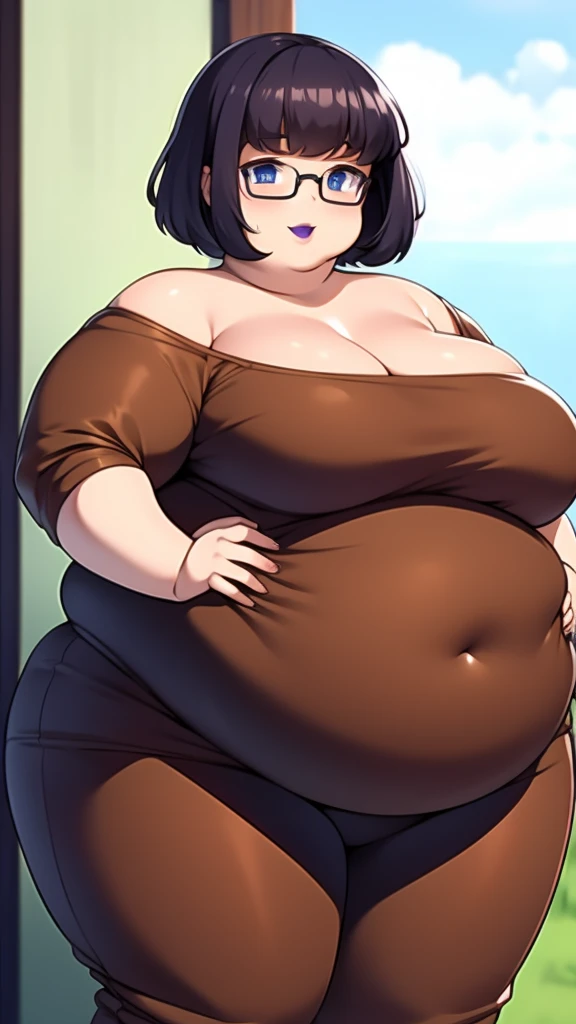 Anime Women, Adult female、Detailed face、amount、amount、Forehead、Afro、Short Hair、Curly hair、Glasses、Sharp eyes、Thick lips、Purple Lipstick、Painted lips、Very fat、Chubby、obesity、obesity体、Double chin、Cheek、Thick neck、Big Breasts、Saggy breasts、Thick upper arms、Thick arms、thick fingers、Fat belly、Flabby belly、Flabby bellyの脂肪、Thick legs、Big Ass、Brown clothes、Brown jumpsuit、Off the shoulder
