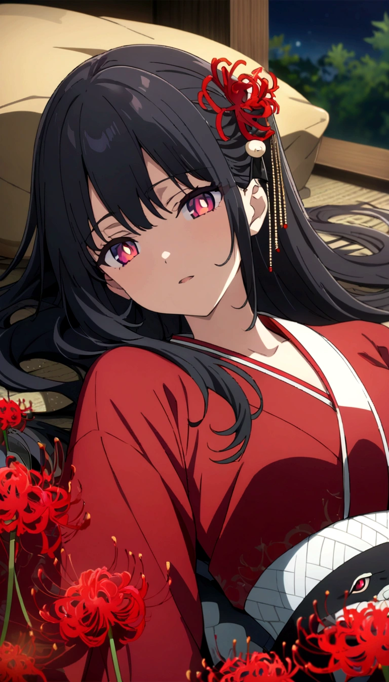 One woman, masterpiece, best quality, beautiful woman, black hair, long hair, hair accessory, red pupils, kimono, snake, red spider lily, night, lying on one's back, anime