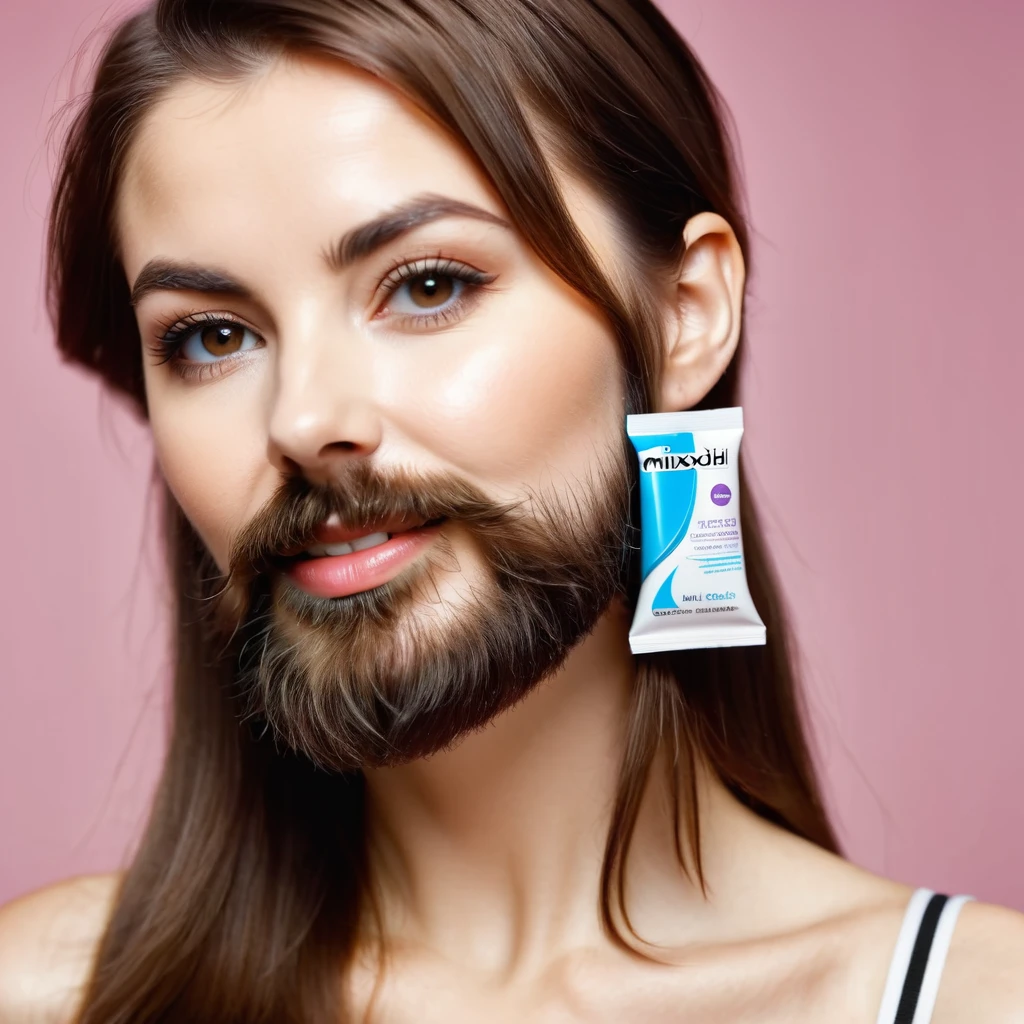bearded woman, cheek hair, neck hair, shaggy, brown hair, hold a pack of minoxidil beard
