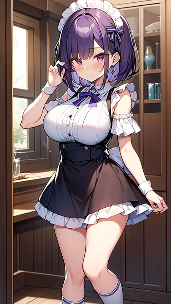 最high quality, high quality, Super detailed, 32k, Ultra-detailed details, , {{The succubus maid has the face of my sister}}, (only, Standing, pretty girl, beautiful purple hair, short hair, Beautiful RED eyes, mature, Big Breasts, A light smile, Off-the-shoulder sleeveless Summer cute maid outfit, Summer casual maid clothes, Short skirt, Blue and white color striped underwear, Black knee socks, loafers, She&#39;s holding 大きく up her skirt with both hands to show her underwear, 18-year-old,cute), A maid who moves her body vigorously without caring if her breasts bounce, Super detailed, indoor, maid Cafe, Full body image, ((Head to Toe:1.3)), NSFW