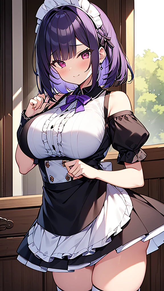 最high quality, high quality, Super detailed, 32k, Ultra-detailed details, , {{The succubus maid has the face of my sister}}, (only, Standing, pretty girl, beautiful purple hair, short hair, Beautiful RED eyes, mature, Big Breasts, A light smile, Off-the-shoulder sleeveless Summer cute maid outfit, Summer casual maid clothes, Short skirt, Blue and white color striped underwear, Black knee socks, loafers, She&#39;s holding 大きく up her skirt with both hands to show her underwear, 18-year-old,cute), A maid who moves her body vigorously without caring if her breasts bounce, Super detailed, indoor, maid Cafe, Full body image, ((Head to Toe:1.3)), NSFW