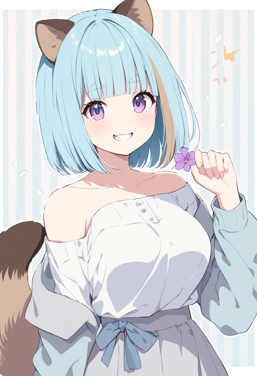 anime,(pale colors:1.8),long shot, 1girl, (on right:1.3), solo, cat mouth, dynamic angle, holding flower, pointing up, grin, smile, fang, blue hair, bobcut, straight hair, racoon ears, racoon tail, (brown streaked hair:1.3), (blunt bangs) ,thick eyebrows, big breast, off shoulder clothes, cutout,flower ornament, striped background, shadow,