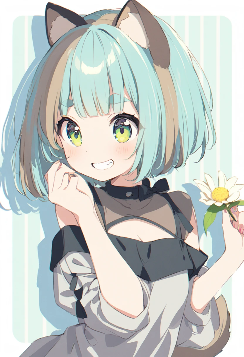 anime,(pale colors:1.8),long shot, 1girl, (on right:1.3), solo, cat mouth, dynamic angle, holding flower, pointing up, grin, smile, fang, blue hair, bobcut, straight hair, racoon ears, racoon tail, (brown streaked hair:1.3), (blunt bangs) ,thick eyebrows, big breast, off shoulder clothes, cutout,flower ornament, striped background, shadow,