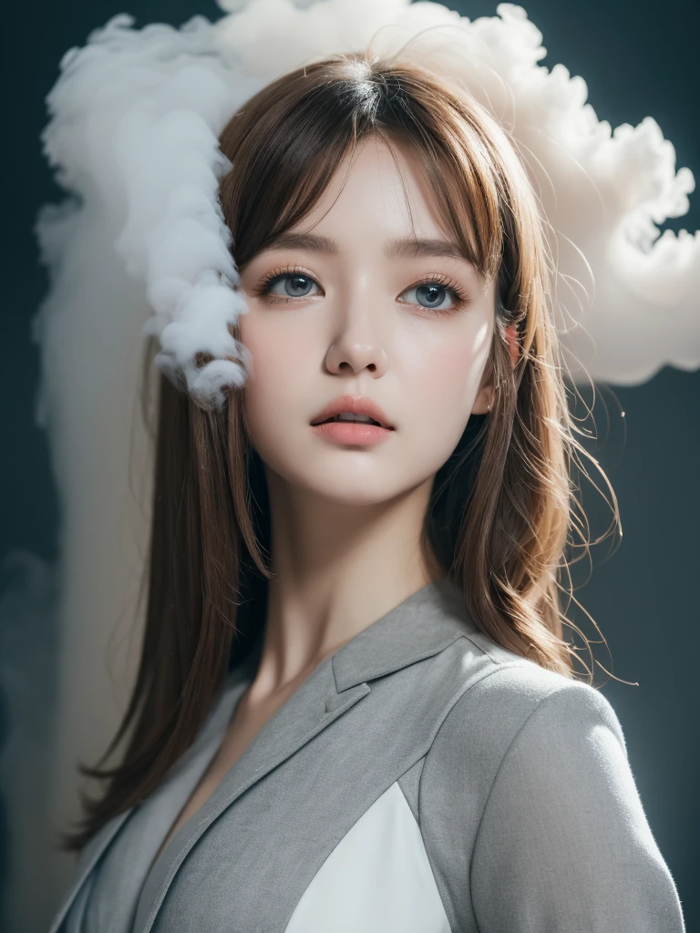 the Extremely Detailed CG Unity 8K Wallpapers、top-quality、Ultra-detail、​masterpiece、studio shoot、close up of face、(White and light gray multicolor leather combat suit), realisitic、Photo Real、extremely detailed cute girl、solo、18year old、japaneelancholy look, Ruined cityscape、(Against the background of a large amount of white smoke:1.5), Brown hair、Curly Bobcat, White、out of focus、blur、