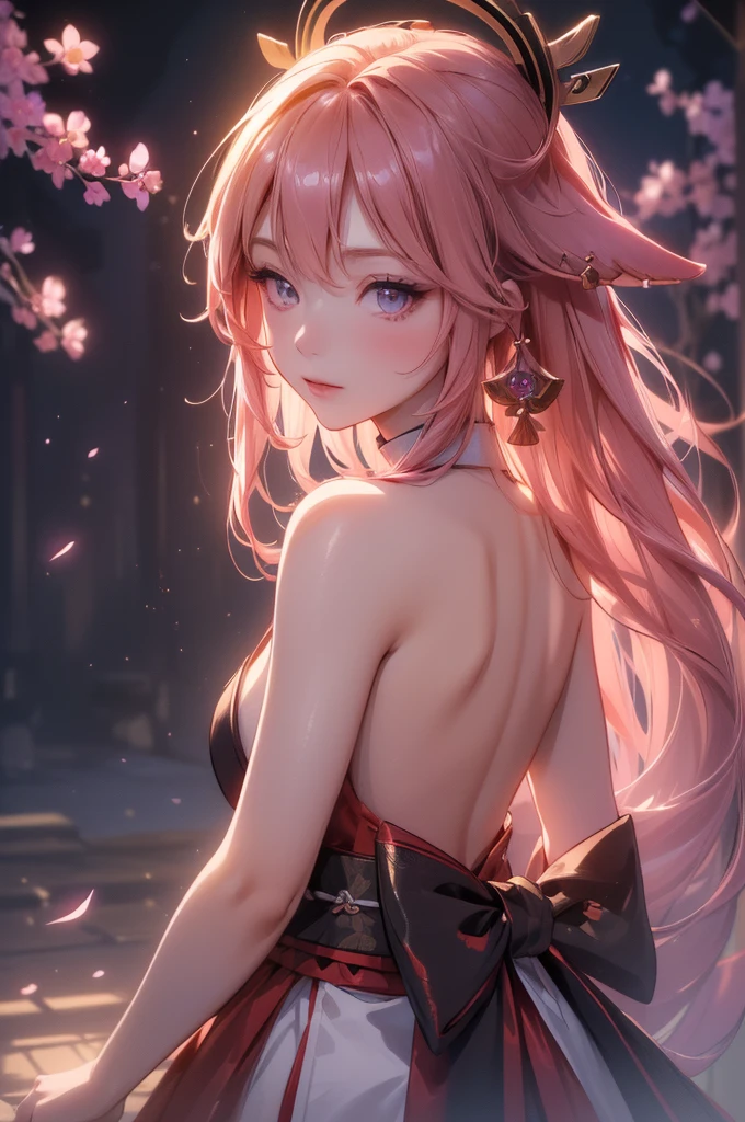 ((yaemikodef)):1.5, ((masterpiece,Highest quality,Highly detailed images,Beautiful images、Dutch Angle)), (In front of the cherry tree、Close-up image of yaemiko、Overall dim lighting、Backlight、Strong backlighting、Fantastic dark atmosphere、Thick Fog、Dust flutters),(Dynamic pose)1.2, sideboob