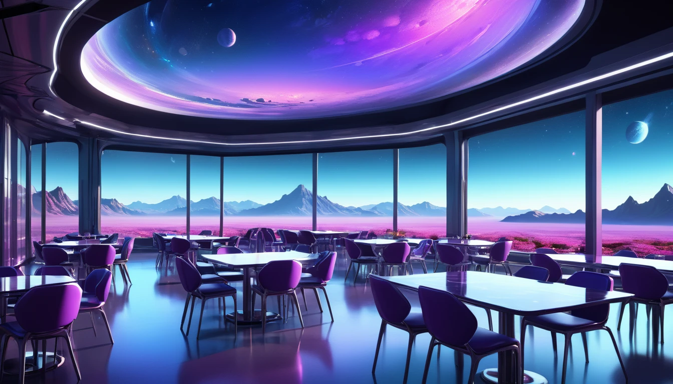 A spacious, empty cafeteria on a distant planet, featuring large windows that offer a breathtaking view of an alien landscape with distant mountains and strange flora at night. The cafeteria's futuristic design includes sleek, metallic tables and chairs, with soft ambient lighting creating a serene atmosphere. Outside the windows is a mix of vibrant colors, hinting at the unique atmosphere of the planet.