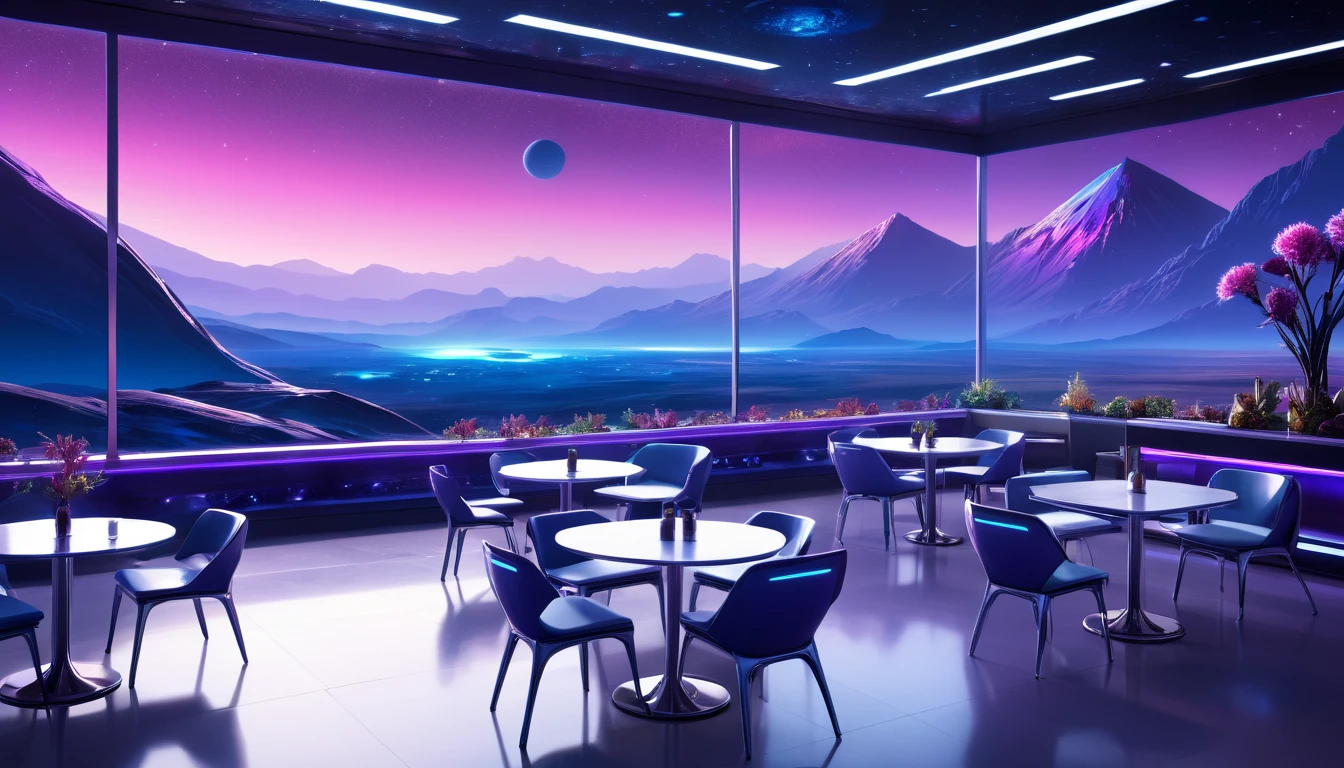 A spacious, empty cafeteria on a distant planet, featuring large windows that offer a breathtaking view of an alien landscape with distant mountains and strange flora at night. The cafeteria's futuristic design includes sleek, metallic tables and chairs, with soft ambient lighting creating a serene atmosphere. Outside the windows is a mix of vibrant colors, hinting at the unique atmosphere of the planet.