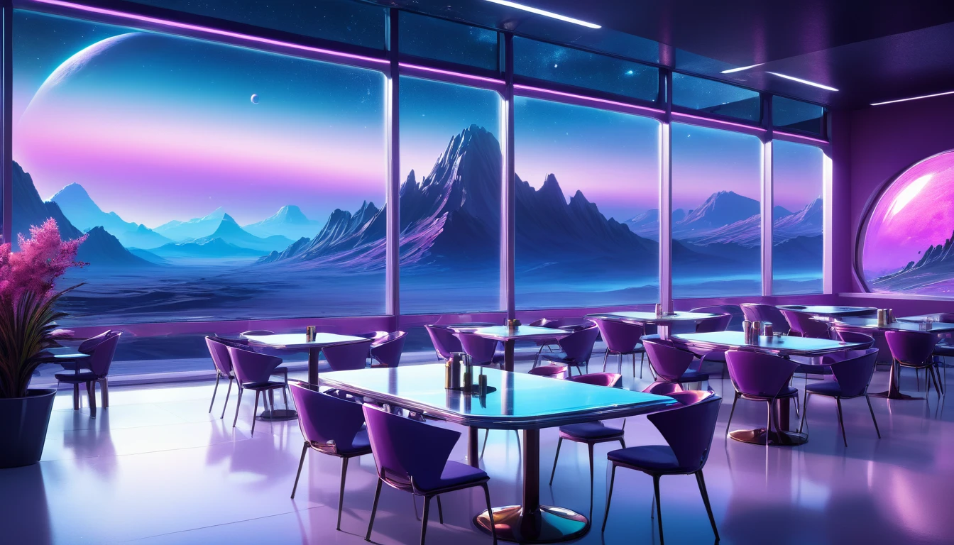 A spacious, empty cafeteria on a distant planet, featuring large windows that offer a breathtaking view of an alien landscape with distant mountains and strange flora at night. The cafeteria's futuristic design includes sleek, metallic tables and chairs, with soft ambient lighting creating a serene atmosphere. Outside the windows is a mix of vibrant colors, hinting at the unique atmosphere of the planet.