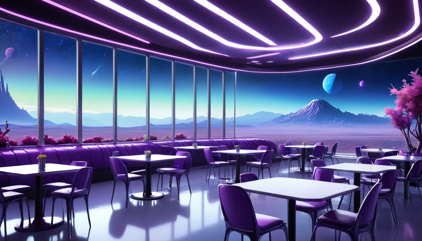 A spacious, empty cafeteria on a distant planet, featuring large windows that offer a breathtaking view of an alien landscape with distant mountains and strange flora at night. The cafeteria's futuristic design includes sleek, metallic tables and chairs, with soft ambient lighting creating a serene atmosphere. Outside the windows is a mix of vibrant colors, hinting at the unique atmosphere of the planet.
