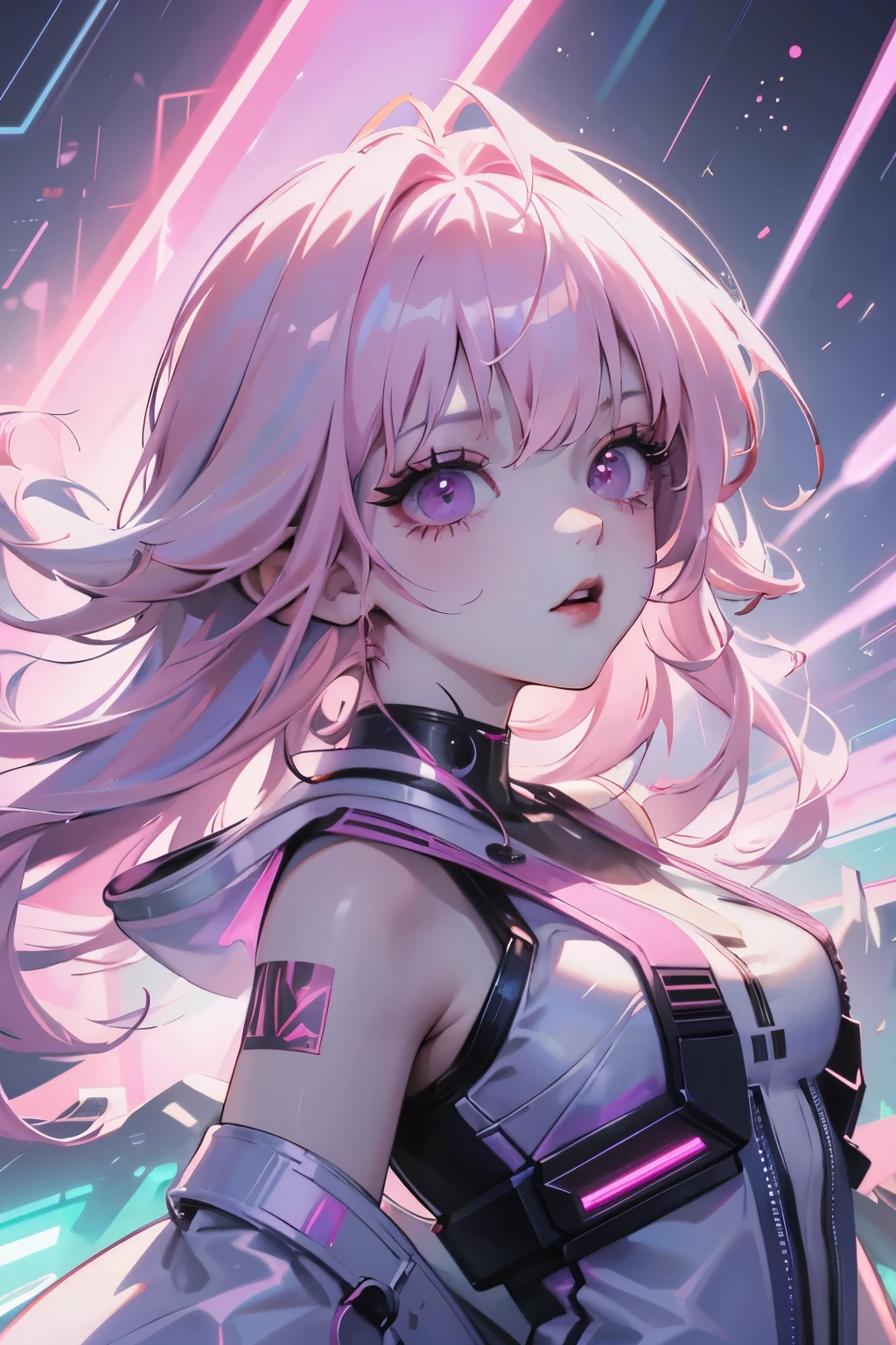 a cyberpunk girl with pink hair, futuristic, surreal, ultra wide angle, wide angle lens, looking up, dynamic motion, expressive, energetic, on the edge of divinity, laser hologram