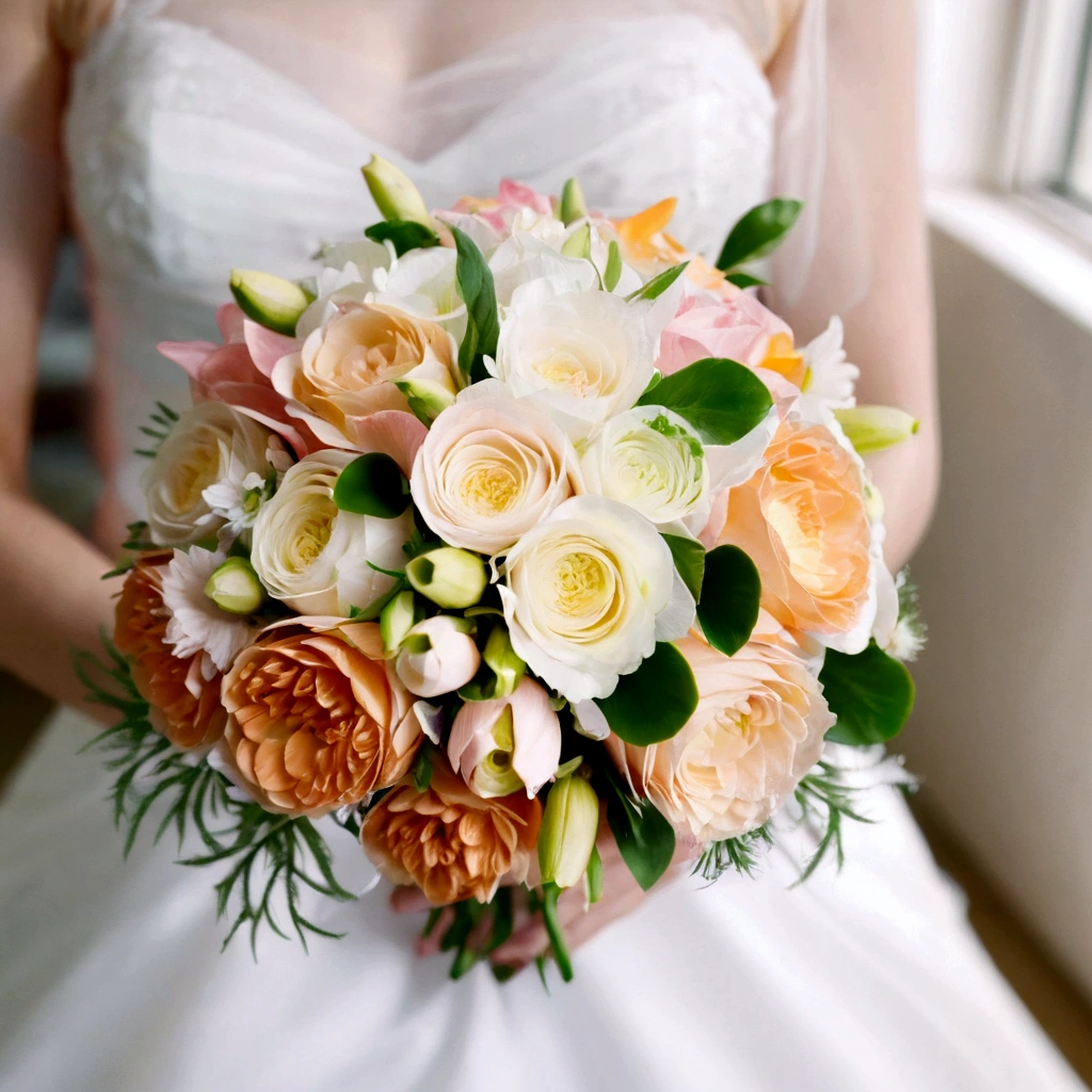 cinematographic style, cinematography, veil, Bride with bouquet, wearing a pristine white wedding dress, ((close up)), raytraced, highlight, (best quality,4k,8k,highres,masterpiece:1.2),ultra-detailed,(realistic,photorealistic,photo-realistic:1.37),UHD, HDR, studio lighting,ultra-fine painting,sharp focus,physically-based rendering,extreme detail description,professional,vivid colors,bokeh, film grain