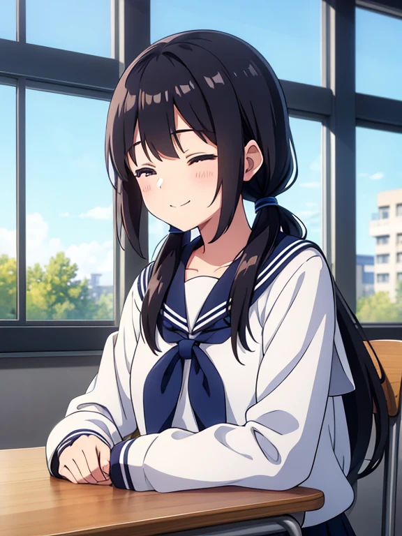 1girl, sitting, smile, 15yo,
classroom, indoors, school chair, school desk,
(low twintails), low pigtails, black hair, very long hair,
serafuku with blue ribbon, navy-blue collar,
(dark brown eye), chuckle, closed eyes, (looking away, looking down),
school,
afternoon, summer,
from front, upper body,
anime, high brightness, detailed face, detailed eyes,
(high quality, ultra detailed, masterpiece, FHD)