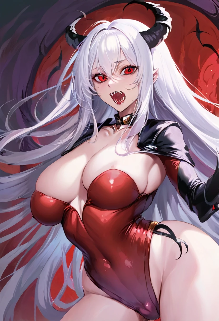 Female monster with long white hair, Eyes red, large size breasts, big mouth with sharp teeth, long tongue, oil painting, six horns ((perfect female figure)), long white hair, Eyes red, mature woman, milf, narrow waisted, gazing at viewer, seductively pose, vampire's teeth,pale skin,looking at viewer