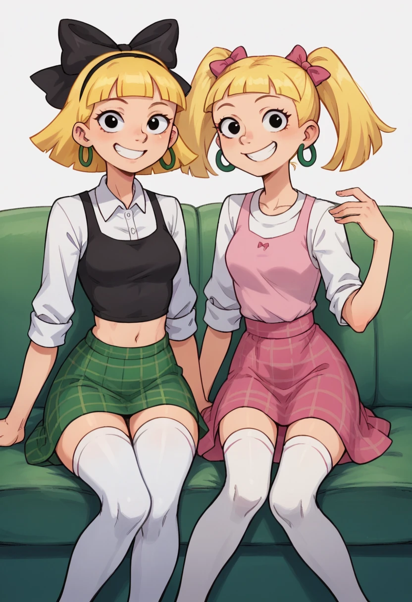  2girl; olga, blonde hair, olga with short hair, olga wearing in white shirt and black tank top, hoop earrings, plaid skirt, smile, bangs, blunt bangs, thighhighs, midriff, white shirt; helga, blonde hair, floating hair, black eyes, twintails, monobrow, hair bow, pink dress, smile; simple background, looking at viewer, girls sitting on sofa, family photo, happy faces, score_9, score_8_up, score_7_up, score_6_up, 