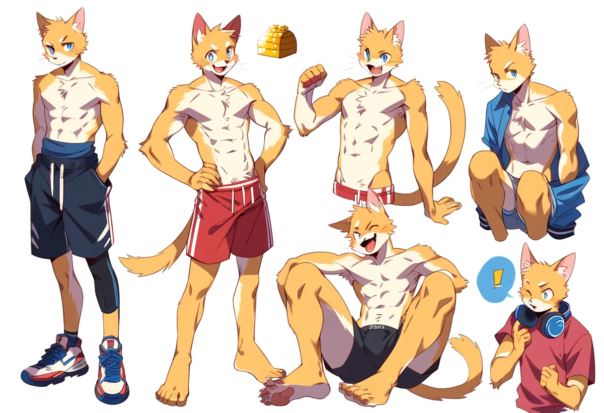 score_9, score_8_up, score_7_up, full body, male, furry, high quality, hires, anthro, teenager, 16 years old, domestic cat, yellow fur, blue eyes, excited expression, humanoid feet, shirtless, slim body, slender body, prominent v-line, prominent abs, prominent legs, prominent forearms, prominent knees, white background, treasure trail, armpit hair, furry legs, bulge, in various poses, dick, showing off his abs, casual clothes, sport, headphones, sitting, undressing, holding legs