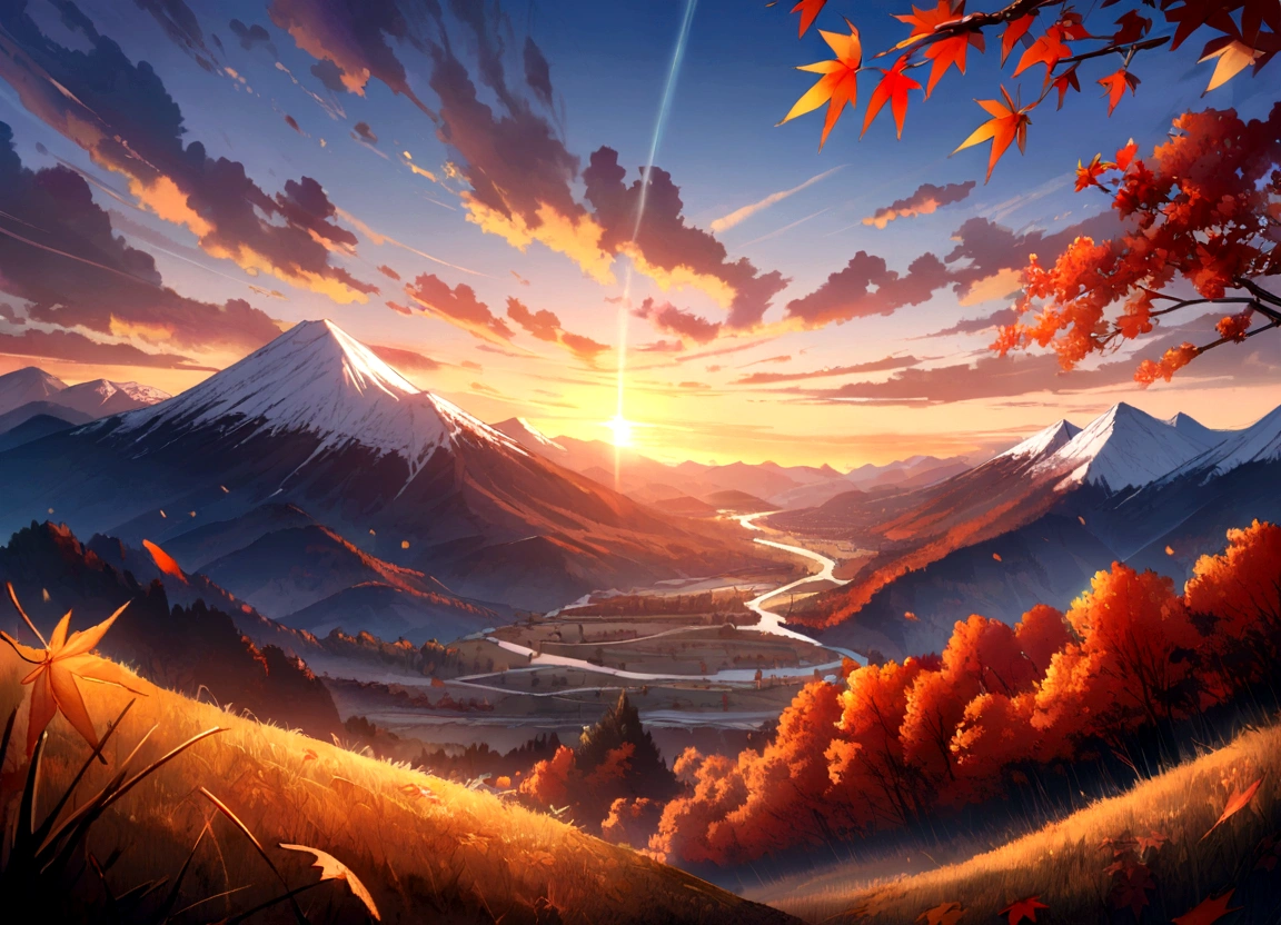 Sunset、autumn leaves、Great view、mountains、Genuine、detailed、color、High resolution、超detailed