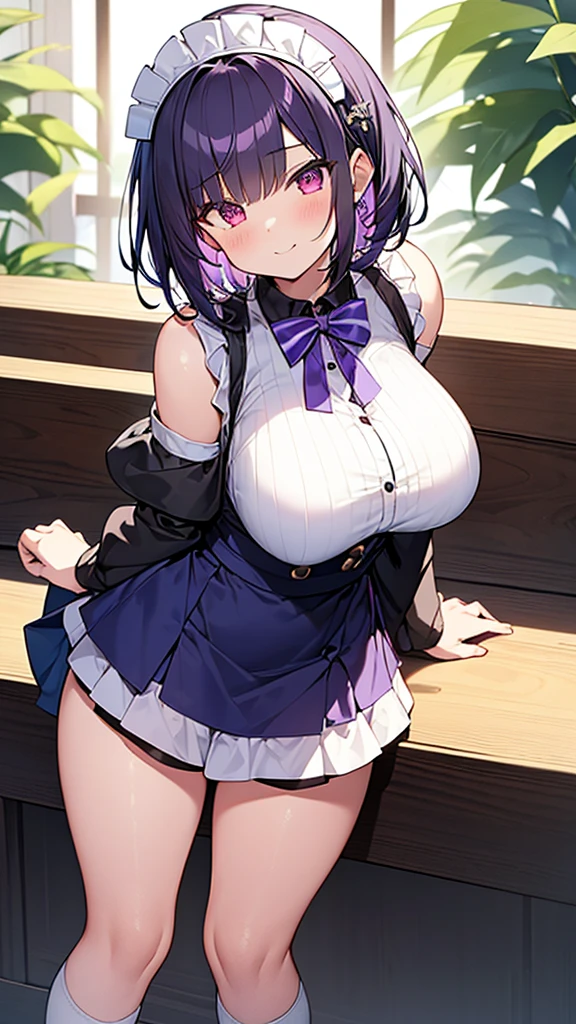 最high quality, high quality, Super detailed, 32k, Ultra-detailed details, , {{The succubus maid has the face of my sister}}, (only, Standing, pretty girl, beautiful purple hair, short hair, Beautiful RED eyes, mature, Big Breasts, A light smile, Off-the-shoulder sleeveless Summer cute maid outfit, Summer casual maid clothes, Short skirt, Blue and white color striped underwear, Black knee socks, loafers, She&#39;s holding 大きく up her skirt with both hands to show her underwear, 18-year-old,cute), A maid who moves her body vigorously without caring if her breasts bounce, Super detailed, indoor, maid Cafe, Full body image, ((Head to Toe:1.3)), NSFW