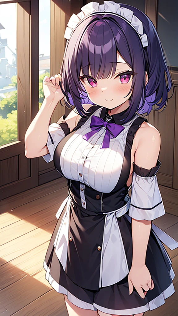 最high quality, high quality, Super detailed, 32k, Ultra-detailed details, , {{The succubus maid has the face of my sister}}, (only, Standing, pretty girl, beautiful purple hair, short hair, Beautiful RED eyes, mature, Big Breasts, A light smile, Off-the-shoulder sleeveless Summer cute maid outfit, Summer casual maid clothes, Short skirt, Blue and white color striped underwear, Black knee socks, loafers, She&#39;s holding 大きく up her skirt with both hands to show her underwear, 18-year-old,cute), A maid who moves her body vigorously without caring if her breasts bounce, Super detailed, indoor, maid Cafe, Full body image, ((Head to Toe:1.3)), NSFW