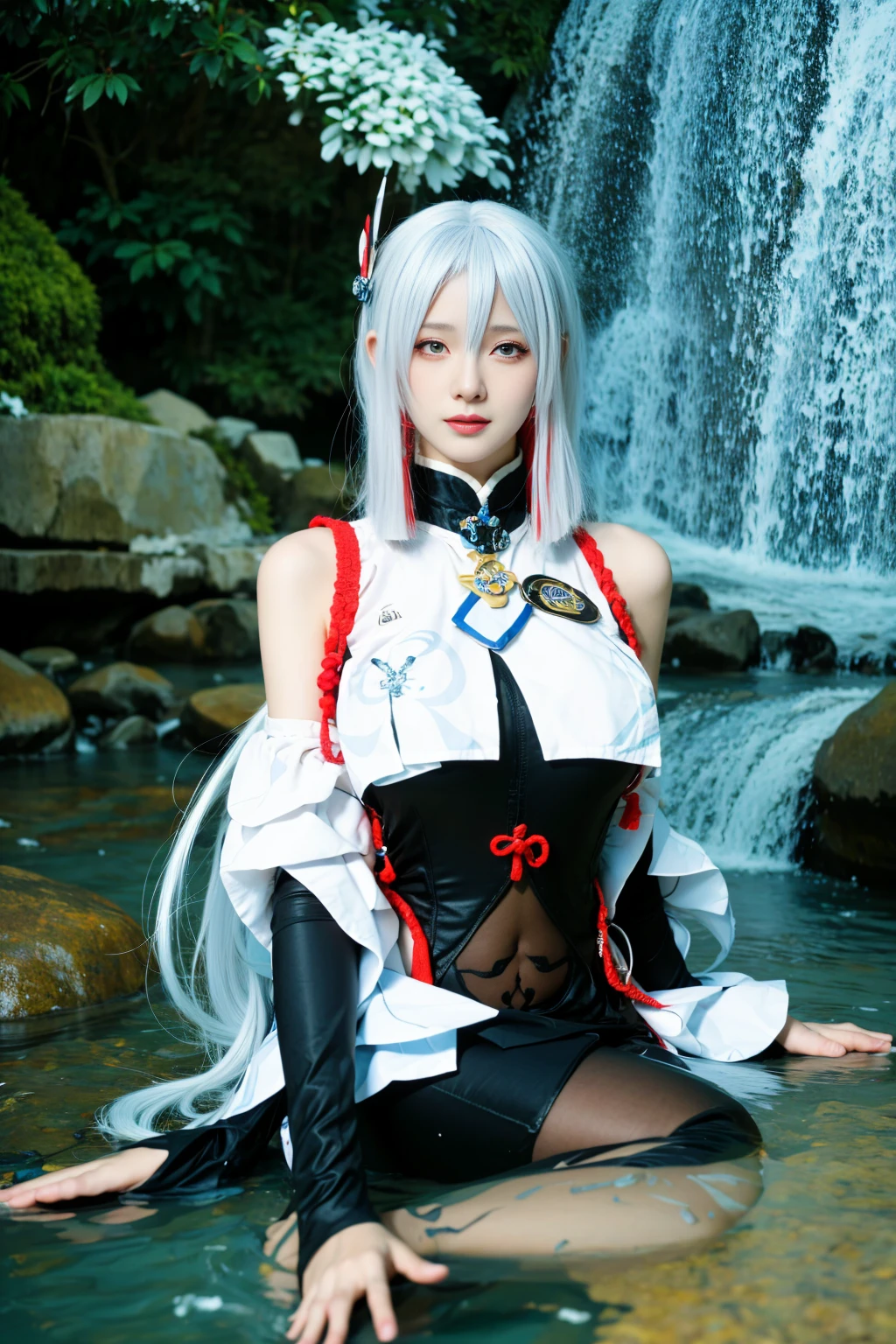 best quality, tmasterpiece,Ultra-high resolution,Clear face,(Reality:1.4),ferpect lighting,(upper body photo), (photorealistic:1.50), anime wallpaper, Guviz style artwork, cover-up fantasy up to magic , by Yang J, Guviz, beautiful artwork illustration, beautiful digital artwork, beautiful digital illustration, Li Song, beautiful anime portrait, art style in Beauvot, 1girl,独奏,pale skin,perfect body,glossy skin,hitman,shenhe \(genshin impact\),(hair above one eye),long hair,tassel,gloves,breast curtain,(black bodysuit),bodysuit,earrings tassel, (super giant breasts: 1.3), white hair, (hair decoration), A very beautiful girl happily bathes near a clear and cool waterfall, River, Water, In the water, (Sitting underwater), wet body, (Water soaks the body), Body underwater, Under water, drowning,