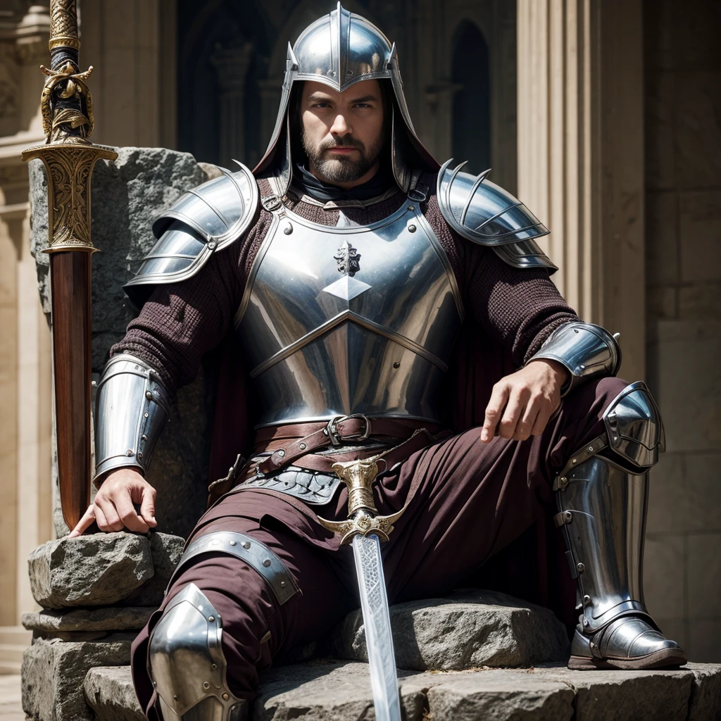 Man in armor, sitting on a stone throne, sword in hand, a man&#39;s hand lies on the hilt of a sword, piercing gaze, mysterious smile, Brown hair, naked girls lie at the base of the throne, piles of gold and treasures, high quality