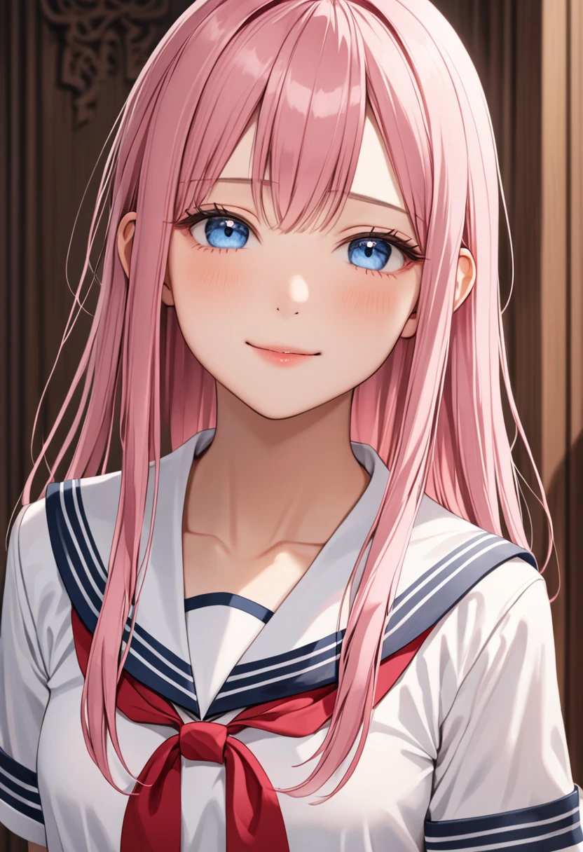 (masterpiece, top quality, very aesthetic, 4k、), intricate detail, 1girl,stand、(cowboy shot:1.4)、front view,light smile、half closed eyes,
Cute 、pink hair、straight hair,middle hair,sidelock ,,blue eyes、serafuku、small breasts,Slim 、