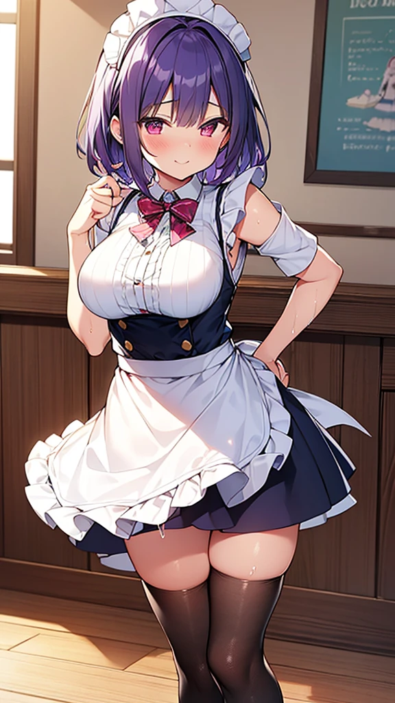 最high quality, high quality, Super detailed, 32k, Ultra-detailed details, waitress(only, Standing, pretty girl, beautiful purple hair, short hair, Beautiful RED eyes, mature, Big Breasts, A light smile, Off-the-shoulder sleeveless Summer メイド服, Summer casual maid clothes, Short skirt, Blue and white color striped underwear, Black knee socks, loafers, My crotch is wet with love juice, 18-year-old,cute), {{A succubus disguised as a waitress approached the target man's sister, peeled off the skin of the sister's face, and stuck it on her own face, becoming the waitress succubus's face., The hem of her skirt is lifted high, exposing her underwear}}, She has transformed from a shy maid into a lewd one., A maid with her sister's face stuck on her face is vigorously pistoning her body, A maid who moves her body vigorously without caring if her breasts bounce, Super detailed, indoor, Full body image, ((Head to Toe:1.3)), NSFW